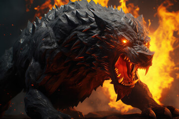 Fantasy dragon head on fire background. 3D illustration. Fantasy
