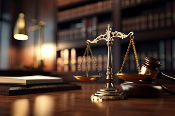 Law theme. Mallet of the judge, books and scales of justice on wooden table
