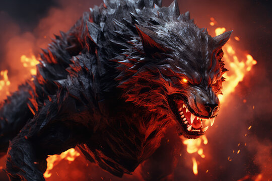 Fantasy dragon head on fire background. 3D illustration. Fantasy