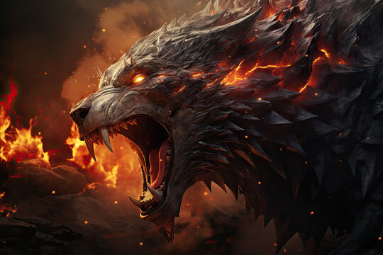 Fantasy dragon head on fire background. 3D illustration. Fantasy