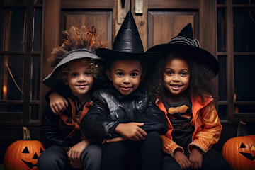 Halloween theme, group of little kids in costumes holding pumpkins