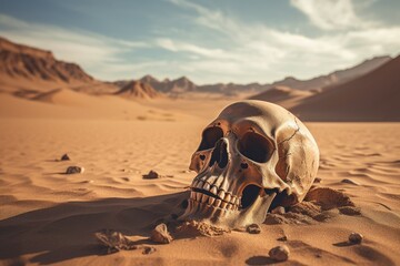 Desiccated Human skull in desert. Dead head. Generate Ai