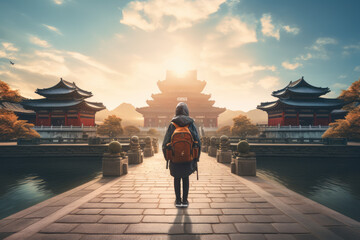 Woman traveler with backpack looking at Kiyomizu-dera Temple in Kyoto, Japan