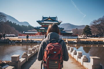 Woman traveler with backpack looking at Kiyomizu-dera Temple in Kyoto, Japan
