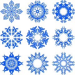 Winter set of blue snowflakes. Abstract lace, repeating pattern. Flat style. Vector illustration.