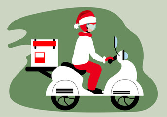 Express delivery on the motorbike Santa Hat icon concept. Person riding motorbike with box behind back icon for service, order, fast, free and worldwide shipping. Modern design vector illustration.