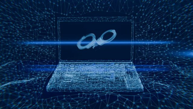 A rotating handcuff on screen of an abstract laptop in 3D illustration, presented in abstract hologram wire frame stylized form and isolated on a transparent background