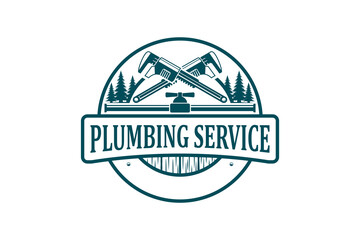 Plumbing service logo badge design, mongkey wrench and pipe faucet element.
