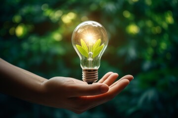 A hand holding a light bulb against the background of nature. The concept of ecology, energy saving, environmental protection. Organization of sustainable development, renewable energy sources.
