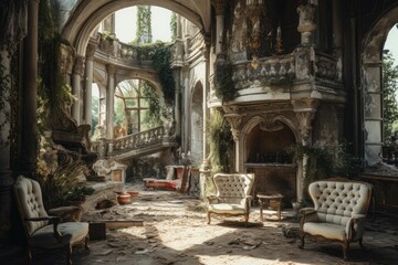Desolate Abandoned interior castle. Hall dirty. Generate Ai