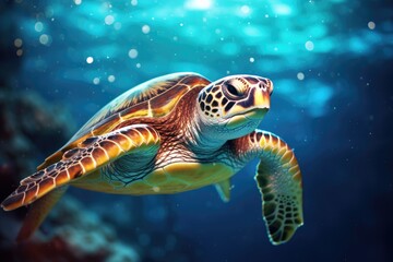 Turtle Elegance: Close-up of a sea turtle gliding through the water.