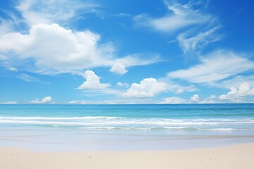 Breathtaking Ocean beach blue sky day. Relax horizon. Generate Ai