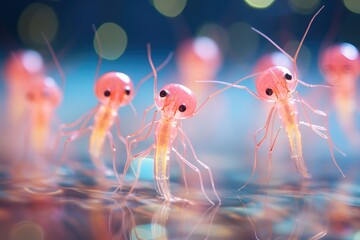 Shrimp Ballet: Macro shot of tiny shrimp dancing in unison.
