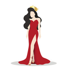 Vector illustration of an elegant beauty queen in beautiful red evening gown with golden crown on white background