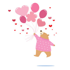 Vector illustration of cute bear holding group of pink balloon and floating in the air, for Valentine's day card and decoration concept