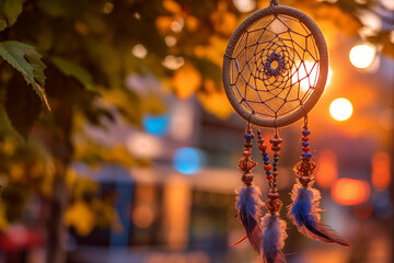 Fototapeta na wymiar An intricately beaded dreamcatcher hangs in the morning light