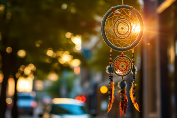 An intricately beaded dreamcatcher hangs in the morning light