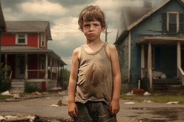 Impoverished Little boy standing in poor neighborhood. Sad child living in poverty on messy district. Generate ai