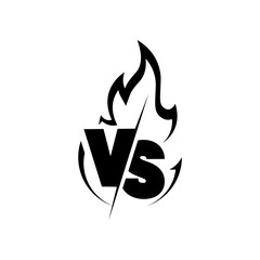 Versus sign surrounded by flames. Black and white symbol. Vector illustration