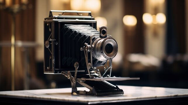 An old fashioned camera sitting on top of a table