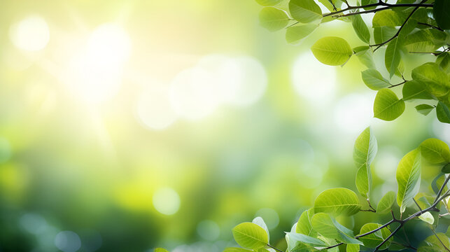 Green leaves on a sunny day and bokeh background. Background of green foliage on a sunny day, Beautiful natural spring summer defocused panoramic background frame with fresh juicy ,Generative AI