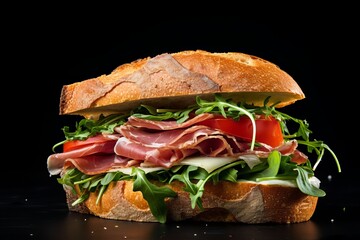 sandwich with Parma ham, cheese and arugula on fresh crusty bread - obrazy, fototapety, plakaty