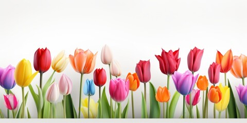 Background of multicolored tulips of various shapes on a white background