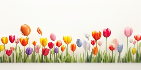 Background of multicolored tulips of various shapes on a white background