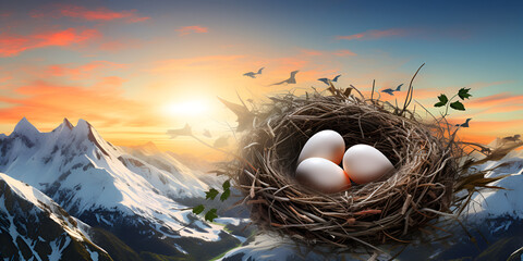 Easter colored eggs in a nest with winter sunset background. Copy space for text. Easter holiday,...