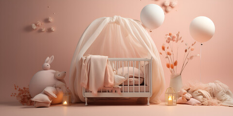 3D Children's Room with Wooden Teepee and Assorted Toys, in the style of texture-rich, minimalist backgrounds, pink, nostalgic subjects, 3D realism, Kids bedroom mock up interior, Scandinavian style. 