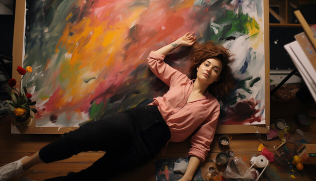 Female painter lying on studio floor