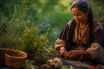 A medicine woman tends to a garden of healing herbs - obrazy, fototapety, plakaty