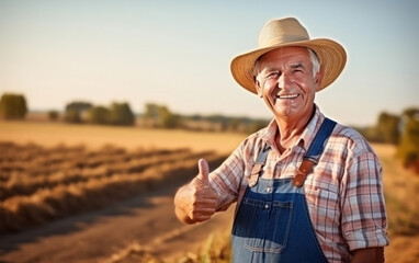 Senior farmer showing thumps up at agriculture field - obrazy, fototapety, plakaty