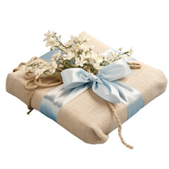 natural beige gift box with linen and light blue ribbon