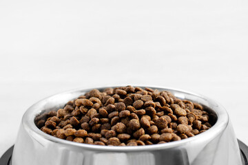 Dogs' food in metal a plate. Dry animal feed in a bowl close up. Dry food for puppies or dogs in a small bowl. Pets feed. Balanced food, pet store