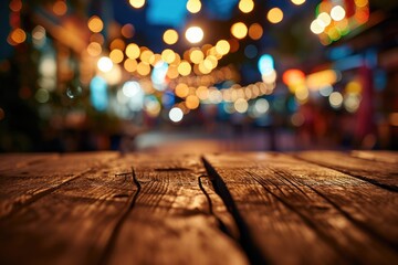 Abstract Restaurant Ambiance: Wooden Table in Bokeh Blurred Background - obrazy, fototapety, plakaty