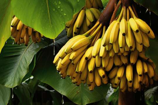 close view of banana tree with ripe fruits