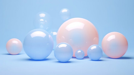 3D blue spheres of different sizes and transparency. Pastel colour pallet. Abstractive background. Generative AI