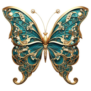 A beautiful butterfly painted in blue and gold isolated on a transparent background