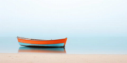 Naklejka na ściany i meble Orange boat in a calm sea waters near a beachline. Calm, tranquil landscape. Generative AI