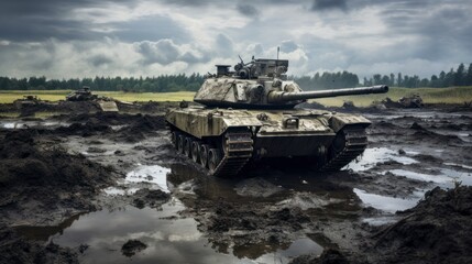 Army tank passing through muddy fields