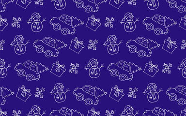 Vector seamless New Year pattern on a blue background, hand-drawn in cartoon style. Pattern of a snowman, a car with a Christmas tree, a gift and a snowflake for packaging, textiles, design and decora