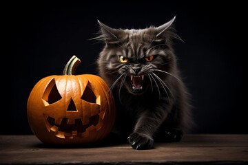 Black kitten hissing next to halloween pumpkin