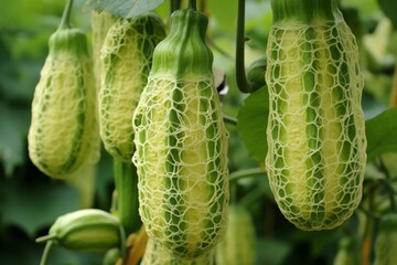 Wilting Green luffa plant with yellow infection disease. Tropical food gourd vegetable hanging on branch. Generate ai