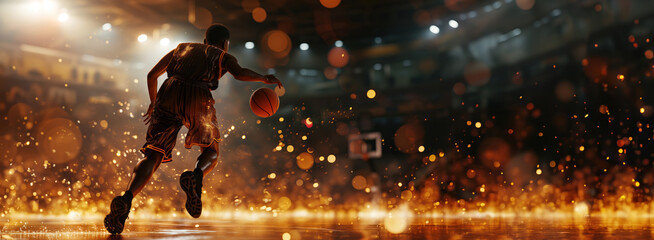 basketball professional team player running scoring ball over the hoop at stadium dribbling shot in dynamic active pose with particles and bokeh, sports success concept copy space banner