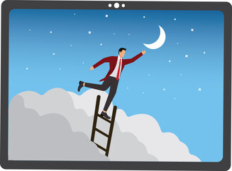 Picking the moon, Businessman, successfully plucks the moon with the help of a ladder,