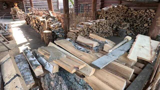 a place for storing firewood, a large open barn, in a fortress since the times of Rus', a small village, preparation for winter, folk life.