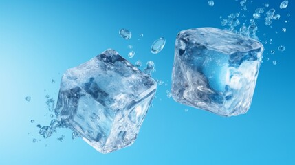 Falling ice cubes on a blue background. Pure frozen water.