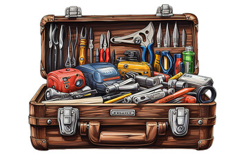 Wooden Toolbox with Tools and Fasteners isolated on PNG Background. Generative Ai.