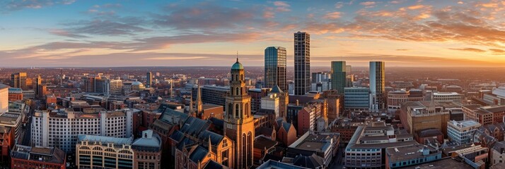 Cityscape of Birmingham, UK: Aerial View of St. Martin's Church, Bullring Shopping Centre, and Outdoor Market - obrazy, fototapety, plakaty